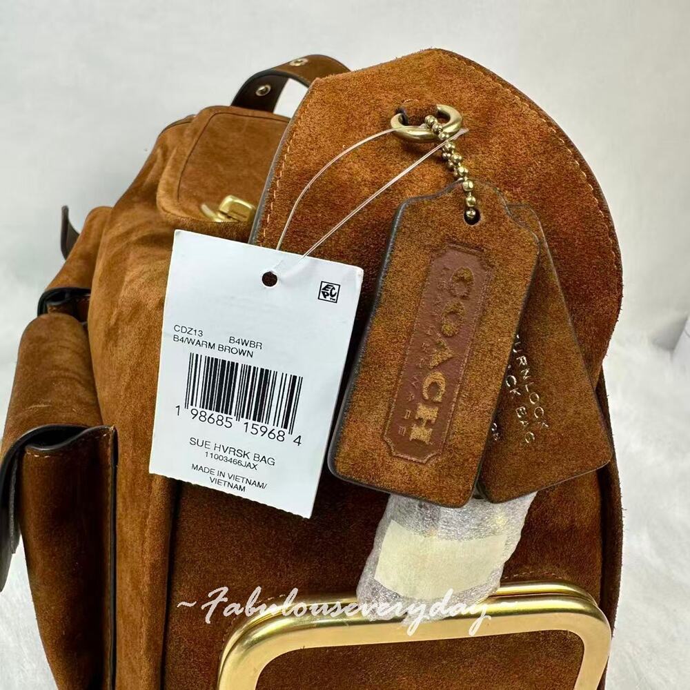 Coach Turnlock Haversack Bag Shoulder/Crossbody Suede Brass/Warm Brown CDZ13 NWT - Picture 5 of 13
